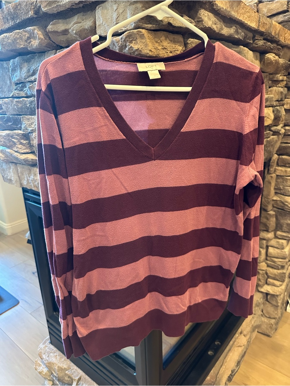 LOFT Striped V-Neck Sweater in Dusty Rose & Burgundy